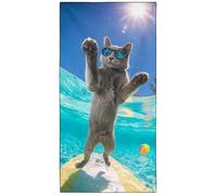 Violetpos Day Surfing Grey Cat with Sunglasses Beach Towel, Extra Large 180x90 cm 250GSM Microfibre, Sand Free Quick Dry, Ideal Vacation Gifts with Carry Bag for Pool Cruise Camping