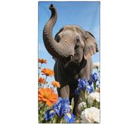 Violetpos Elephant in Irises & Cosmos Beach Towel, Extra Large 180x90 cm 250GSM Microfibre, Sand Free Quick Dry, Ideal Vacation Gifts with Carry Bag for Pool Cruise Camping