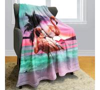 Violetpos Flamingo Fleece Blanket 150x200cm, Pink Sunset Beach Coconut Tree Printed Cozy Sofa Bed Throw, Tropical Warm Soft Couch Blanket Gift