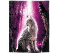 Violetpos Lynx Fleece Blanket 150x200cm, Purple Mystic Forest Wild Cat Printed Soft Cozy Bed Throw Blanket, Warm Fluffy Decorative Couch Blanket