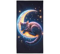 Violetpos Starry Moon Grey Cat Beach Towel for Kitty Lovers, Extra Large 180x90 cm 250GSM Microfibre, Sand Free Quick Dry, Ideal Vacation Gifts with Carry Bag for Pool Cruise Camping