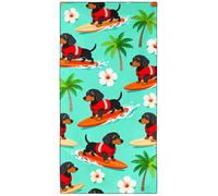 Violetpos Surfing Dachshund Beach Towel, Extra Large 180x90 cm 250GSM Microfibre, Sand Free Quick Dry, Ideal Vacation Gifts with Carry Bag for Pool Cruise Camping