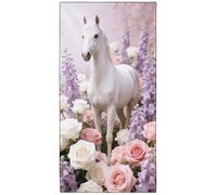Violetpos White Horse in Roses & Larkspur Beach Towel, Extra Large 180x90 cm 250GSM Microfibre, Sand Free Quick Dry, Ideal Vacation Gifts with Carry Bag for Pool Cruise Camping