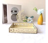Violiica Arabic Islamic Wooden Dessert Tray for Ramadan Eid Decorations, Crescent Moon and Mosque Design, 20x15.5x5.5cm Cake and Candy Display Stand