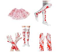 Violiica Halloween Zombie Bride Costume Set Red Over Knee Socks Gloves White Chiffon Dress Cosplay Party Fancy Dress Outfit Accessories(Gloves+Socks)