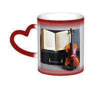 Violin and Book Print Mystical Color Changing Mug, Black to White Thermal Mug for Coffee Tea Home Office