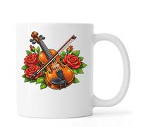 Violin and Bow with Red Roses Ceramic Tea Coffee Mug White