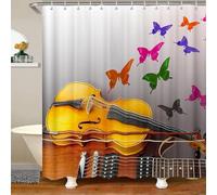 Violin Butterfly Shower Curtain 180 x 180cm, 3D Shower Curtains Butterfly Violin Mould Proof Resistant Fabric Bath Curtain, Waterproof Washable Bathroom Curtains 180cm Drop with 12 Hooks b1677