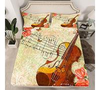 Violin Cello Bed Sheet Set Musical Notes Instrument Fitted Sheet & Pillow Sham Set for Kids Boys Girls Teens Classical Music Bedding Set Vintage Flowers Bed Cover No Flat Sheet Single Size