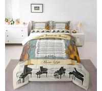 Violin Piano Comforter Set,Musical Notes Printed Bedding Set for Kids Boys Girls Room Decor Hippie Rock Music Theme Quilt Set King Size,Vintage Musical Instruments Style Duvet Insert,2 Pillowcases