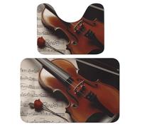 Violin Sheet Music 2-Piece Coral Velvet Bathroom Rugs Set, 15.7"x23.6" Non-Slip Absorbent Floor Mat for Bath, Shower, Kitchen - Soft U-Shaped Bath Mat Set, Quick-Dry, Easy Clean, Multiroom Decor