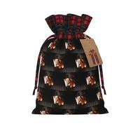 Violin Sheet Music Printing Color Matching Plaid Drawstring Christmas Bag With Kraft Tag 4.7x6.9 In For Halloween