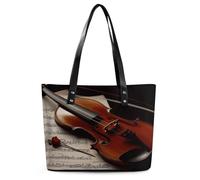 Violin Sheet Music Tote Bag Large Soft Leather Purse with Zipper Lightweight Ladies Shoulder Handbag
