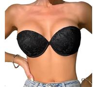 Viomisha Push Up Strapless Lace Bra for Women Padded Anti-Slip Seamless Mutiway Bra Underwired Invisible Supportive Bras, Black, L