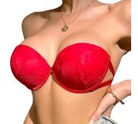 Viomisha Push Up Strapless Lace Bra for Women Padded Anti-Slip Seamless Mutiway Bra Underwired Invisible Supportive Bras, Red, M