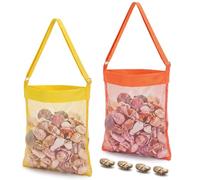 VioraWhite 2 Pcs Extra Large 14 x 16 Inch Clam Mesh Beach Bags for Seashells Clams Treasures Sand Away Foldable Shell Collection Bags with Adjustable Straps (Orange,Yellow)