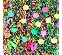 VioraWhite 200 Pcs Mardi Gras Plastic Bead Necklaces and Coins, Green Purple Gold Mardi Gras Carnival Beads Necklace Accessories Bulk for Parade Throws Party Favors Decorations Supplies