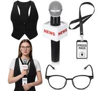 VioraWhite 4 Pcs Adult Journalist News Reporter Costume Accessories Set Black Vest Press Pass Microphone Prop Glasses for Halloween Reporter Role Play Career Day Party Accessories