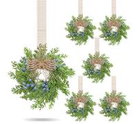 VioraWhite 6 Pcs Artificial Blue Berry Mini Wreaths Small Vintage Kitchen Cabinet Wreath with Retro Burlap Ribbon for Farmhouse Rustic Front Door Window Wedding Bridal Shower Party Chair Wall Decor