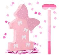 VioraWhite Number 1 Pinata Pink One Piñata with Bow 1st Birthday Decorations with Stick Blindfold for Girls Birthday Decoration Anniversary Supplies