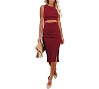 Viottiset Womens Waist Cut Out Midi Dress Solid Color Sleeveless Split Party Bodycon Knitted Casual Elegant Ruby X-Large