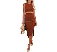 Viottiset Womens Waist Cut Out Midi Dress Solid Color Sleeveless Split Party Bodycon Knitted Casual Slim Brown X-Large