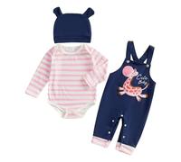 Vioyavo Baby Boy Girl Clothes Set Infant Outfit Striped Long Sleeve Romper Giraffe Embroidery Overall Pants Hat 3 Piece Set (Pink, 0-3 Months)