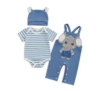 Vioyavo Baby Summer Outfit Newborn Clothes Stripe Short Sleeve Romper Elephant Embroidery Overall Pants Hat 3 Pcs Set (Blue, 0-3 Months)