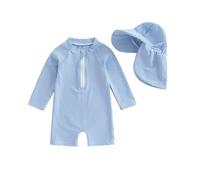 Vioyavo Infant Baby Boy Rash Guard Swimsuit Summer Spring Striped Prints Long Sleeve Swimwear Zip Up Front Bathing Suit with Sun Hat (Blue, 18-24 Months)