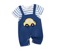 Vioyavo Infant Baby Boy Summer Jumpsuit Striped Car Print Fake Two-Pieces Romper Short Sleeve Round Neck Playsuit Outfit (Blue, 6-9 Months)