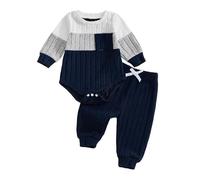 Vioyavo Infant Baby Boys Clothes Spring Fall Outfit Contrast Color Long Sleeve Round Neck Knit Romper Top Elastic Waist Pants Set (Blue, 18-24 Months)
