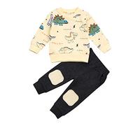 Vioyavo Infant Baby Boys Cute 2PCS Pants Sets Long Sleeve Dinosaur Print Round Neck Sweatshirt and Elastic Waist Ribbed Pants Tracksuit (Beige, 3-4 Years)