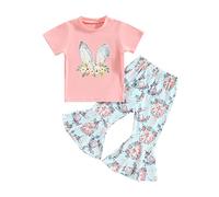 Vioyavo Infant Baby Girls Easter Outfits Letters Print Short Sleeve T-Shirt with Carrot Eggs Print Flare Pants 2PCS Pants Set (Pink, 3-4 Years)