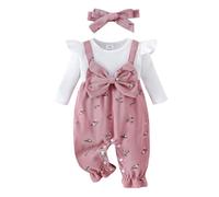 Vioyavo Infant Baby Girls Jumpsuit Set Spring Fall Long Sleeve Floral Print Playsuit Fake Two Pieces Patchwork Bow Romper Headband (Pink, 6-9 Months)