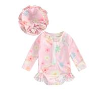 Vioyavo Infant Baby Girls Swimsuit Strawberry/Flower/Mermaid Print Long Sleeve Round Neck Swimwear Front Zipper Bathing Suit