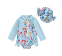 Vioyavo Infant Baby Girls Swimsuit Strawberry/Flower/Mermaid Print Long Sleeve Round Neck Swimwear Front Zipper Bathing Suit