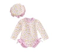 Vioyavo Infant Baby Girls Swimsuit Strawberry/Flower/Mermaid Print Long Sleeve Round Neck Swimwear Front Zipper Bathing Suit