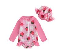 Vioyavo Infant Baby Girls Swimsuit Strawberry/Flower/Mermaid Print Long Sleeve Round Neck Swimwear Front Zipper Bathing Suit