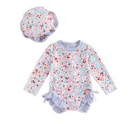 Vioyavo Infant Baby Girls Swimsuit Strawberry/Flower/Mermaid Print Long Sleeve Round Neck Swimwear Front Zipper Bathing Suit