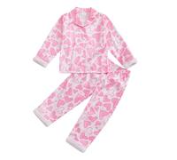 Vioyavo Kid Girls Valentine's Day Satin Pajama Sets Heart Print Long Sleeve Button Down Shirt Long Pants 2 Pieces Sleepwear Loungewear (Pink, 6-7 Years)