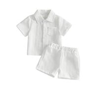 Vioyavo Kids Boys Summer Clothes Solid Color Short Sleeve Lapel Button Up T-shirt Top with Shorts Toddler Boy 2Pcs Tracksuit Outfit 6M-9Y (White, 6-7 Years)