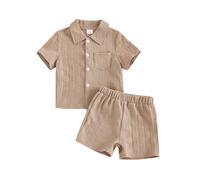 Vioyavo Kids Boys Summer Clothes Solid Color Short Sleeve Lapel Button Up T-shirt Top with Shorts Toddler Boy 2Pcs Tracksuit Outfit 6M-9Y (Khaki, 12-18 Months)