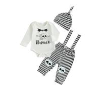 Vioyavo My 1st Halloween Clothes Set for Newborn Baby Boy Long Sleeve Romper Top Pumpkin Ghost Skull Print Suspender Pants Hat 3Pcs Outfit (Ivory, 3-6 Months)