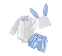 Vioyavo Newborn Baby Boy Easter 3Pcs Outfit Long Sleeve Lapel Button Bowtie Shirt Romper Top Bunny Tail Shorts Rabbit Ear Hat Clothes Set (Blue, 12-18 Months)