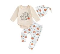 Vioyavo Newborn Baby Boy Halloween 3Pcs Outfit Letters Print Long Sleeve Romper Tops Elastic Waist Pumpkin Print Pants Hat Set (Khaki, 0-3 Months)