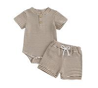 Vioyavo Newborn Baby Boy Summer Romper Set Striped Short Sleeve Half Button-up Bodysuit Elastic Waist Shorts 2Pcs Casual Outfit