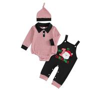 Vioyavo Newborn Baby Boys Christmas Clothes Set Striped Long Sleeve Lapel Romper Tops Santa Embroidery Overall Pants Hat 3Pcs Outfit (Red, 0-3 Months)