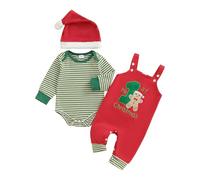 Vioyavo Newborn Baby Boys Christmas Clothes Set Striped Long Sleeve Romper Tops Embroidery Overall Pants Santa Hat 3Pcs Outfit (Green, 0-3 Months)