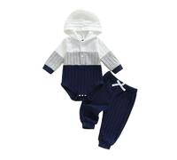 Vioyavo Newborn Baby Boys Clothes Set Contrast Color Long Sleeve Button Hooded Romper Top Long Pants 2Pcs Fall Winter Knit Outfits (Blue, 18-24 Months)