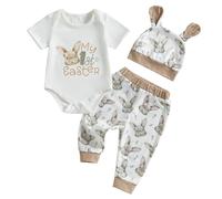 Vioyavo Newborn Baby Boys My First Easter Outfit Cute Bunny Print 3 Pieces Clothes Set Short Sleeve Romper Top Elastic Waist Long Pants Hat (Khaki, 9-12 Months)